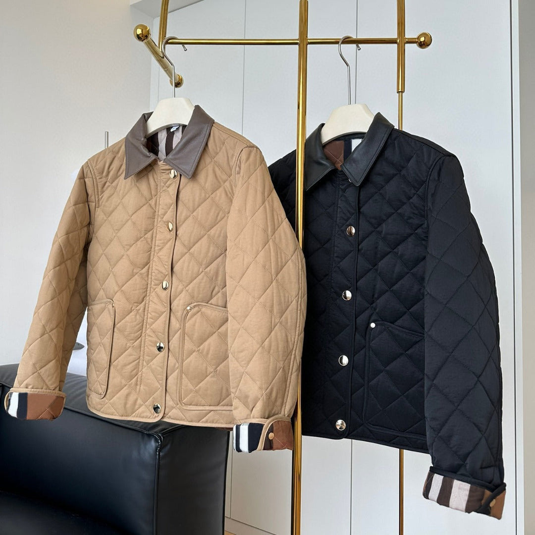Dam modern kviltad jacka med elegant läder krage