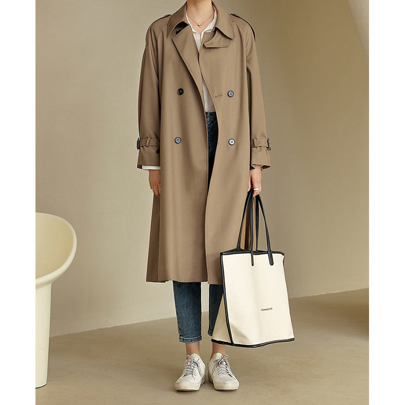 Dam lätt Knee-Length Double-Breasted trenchcoat gjord bomull Blend med Epaulettes och Buckle muddar
