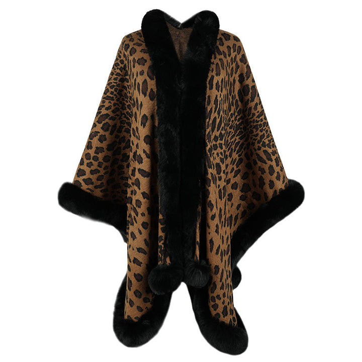 Dam Cozy Poncho med Luxurious Fusk Päls Trim och Leopard Tryck