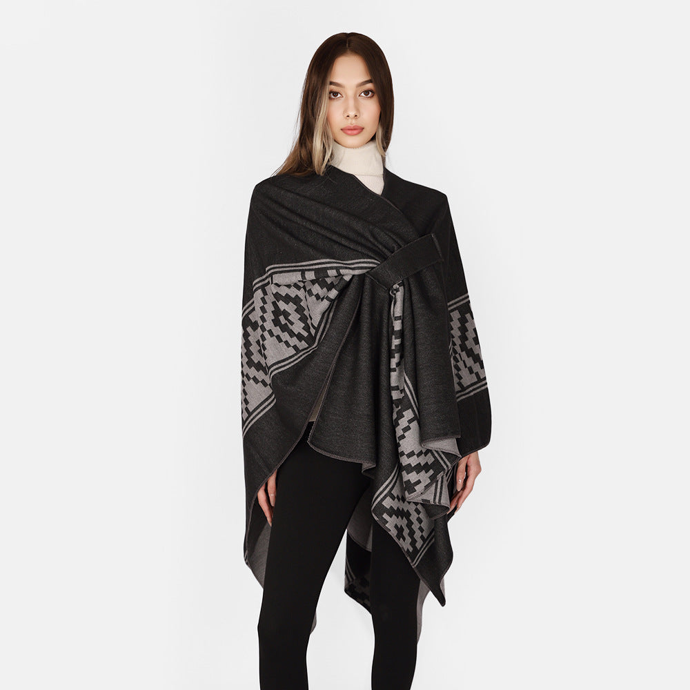 Dam Jacquard Ruana med TIE bälte och geometric mönster