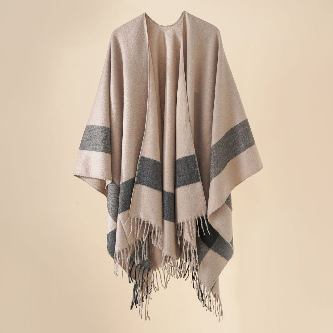 Dam ullblandning axel poncho med fringed fåll och kontrasterande block stripes