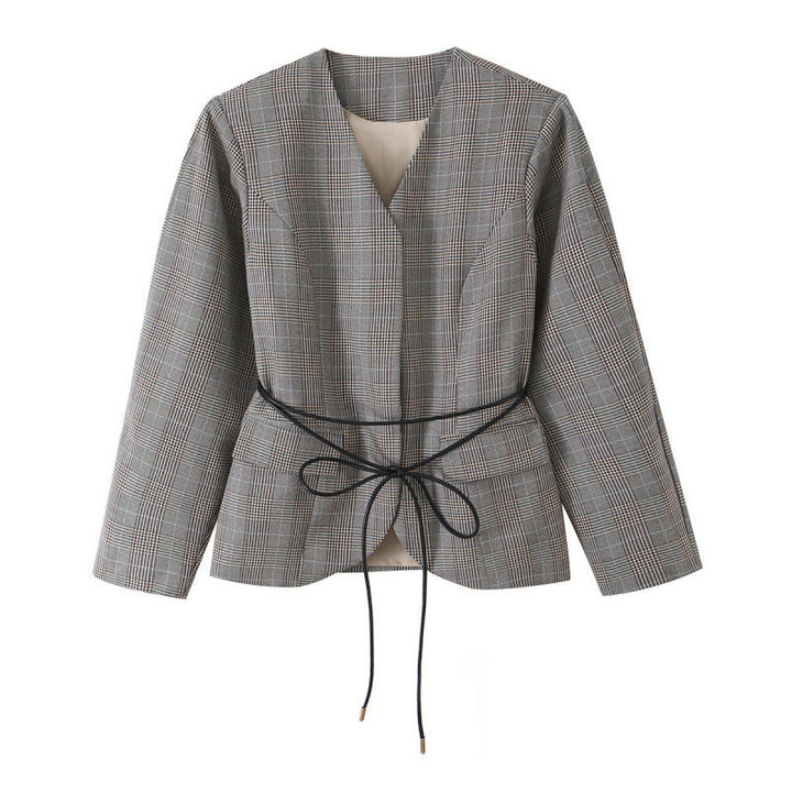 Dam Tailored Box Blazer Jacka i Glencheck med V-Neck och Cord Tie Belt