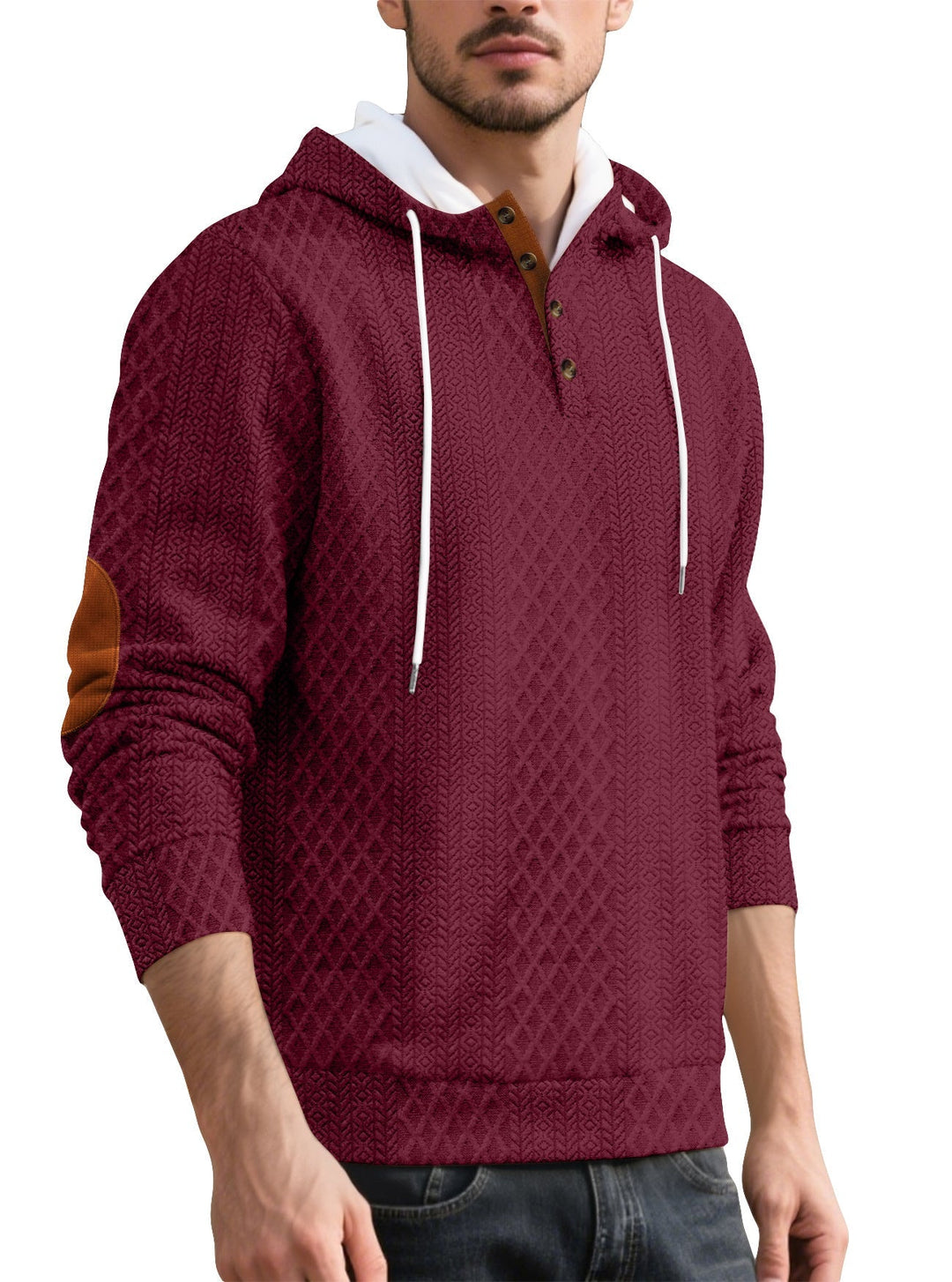 Herr Nan Diamond Structure Luvtröja med Kort Knapplist, Quiltad Huva Inner Edge, och Mocka Elbow Lapp