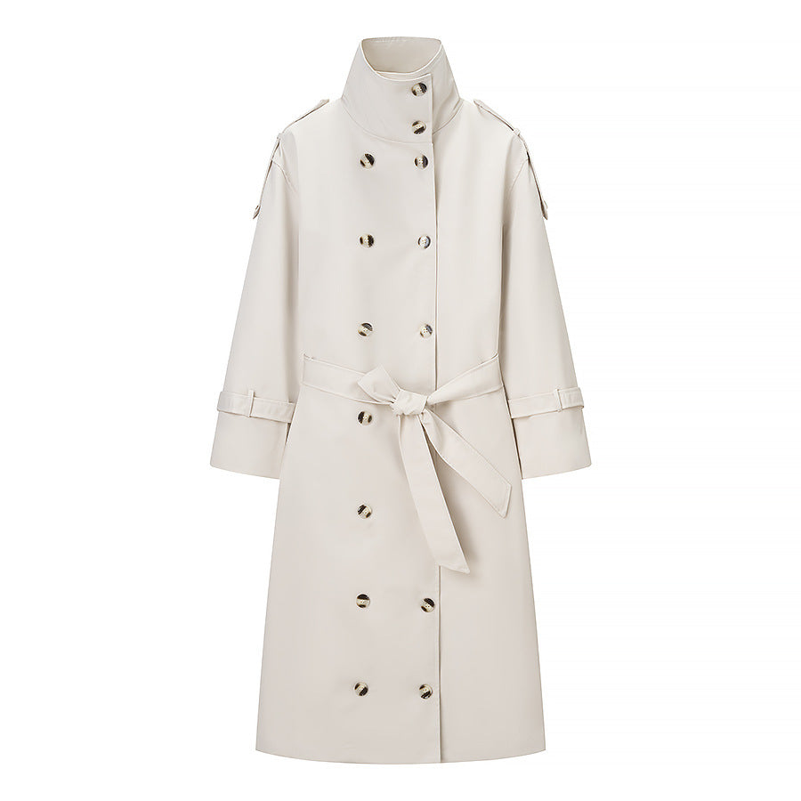 Dam Longer Dubbel-Breasted Trenchcoat med Hög Ståkrage och Midjebälte