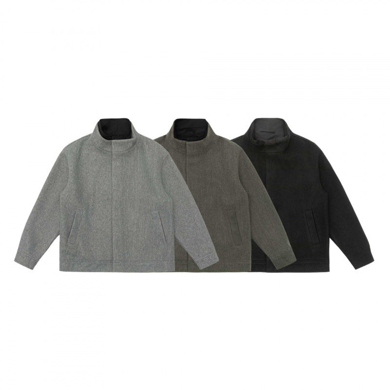 Herr kort skärning ullblandning blouson jacka med ståkrage, dold knäppslå och enkel siluett