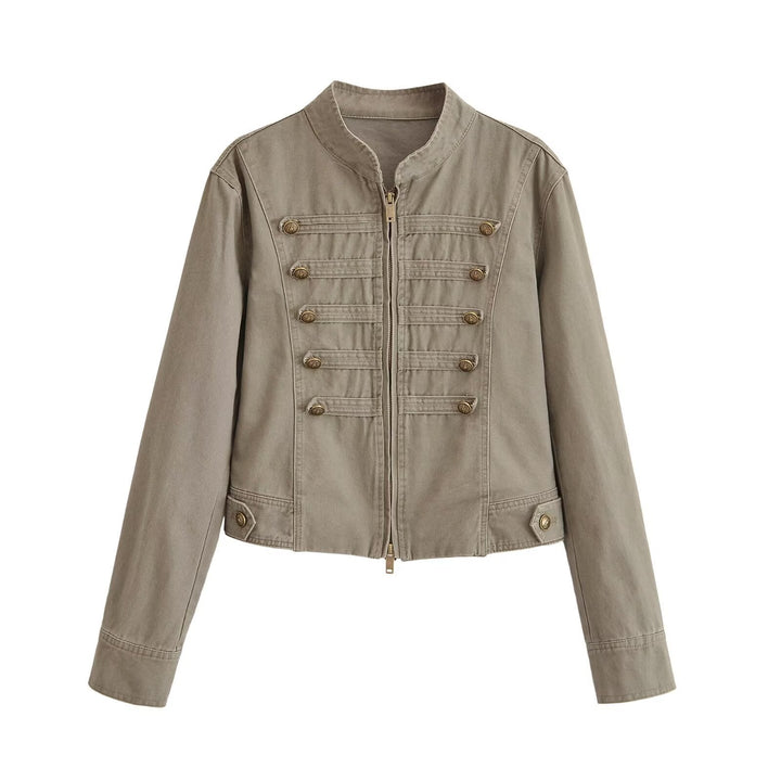Dam Kort Jacka i Army Look Tillverkad av Bomull Twill med Stå Krage och Dekorativ Dekorativ Straps