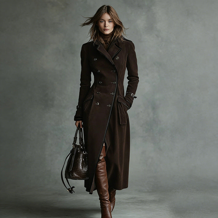 Dam längre skräddad trenchcoat in mocka look med Double-Breasted knappslå och Buckle muddar