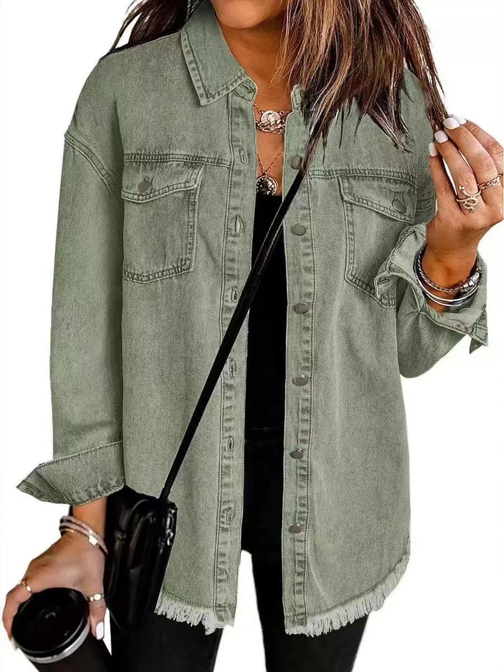 Dam oversize denim skjortjacka med Fringes och bröstfickor
