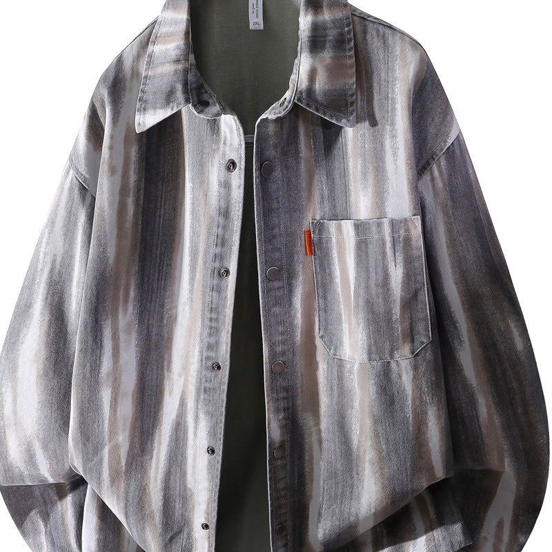 Herr Oversized Skjortjacka i Watercolor Rand Look med Breast Ficka &amp; Mjuk Bomullsblandning