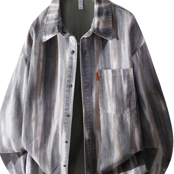 Herr Oversized Skjortjacka i Watercolor Rand Look med Breast Ficka &amp; Mjuk Bomullsblandning