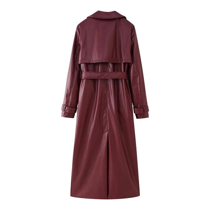Dam longer vegan trenchcoat i läder look med midjebälte och axel flap