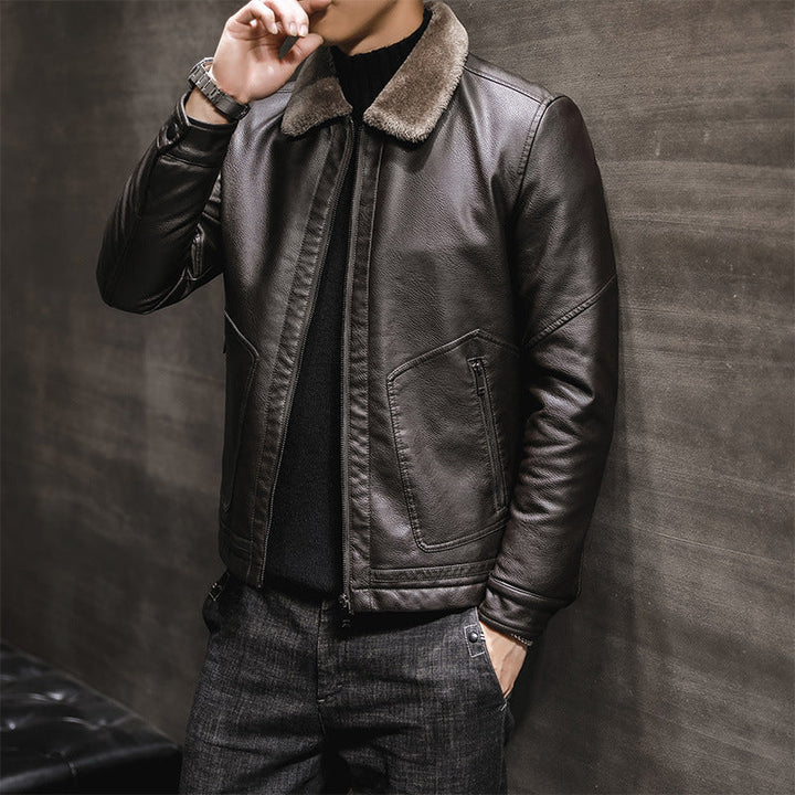 Herr Leather-Look Pilot Jacka med Teddy Krage och Dold Zip