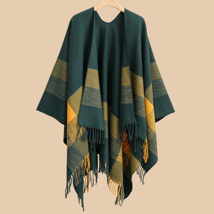 Dam lätt ullblandning kimono skärning Overlay med Herringbone kant och fransfåll