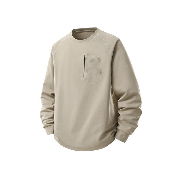 Herr Crew Neck College-Tröja med Bröst Dragkedja, Perforated Utility Lock, och Avslappnad Passform