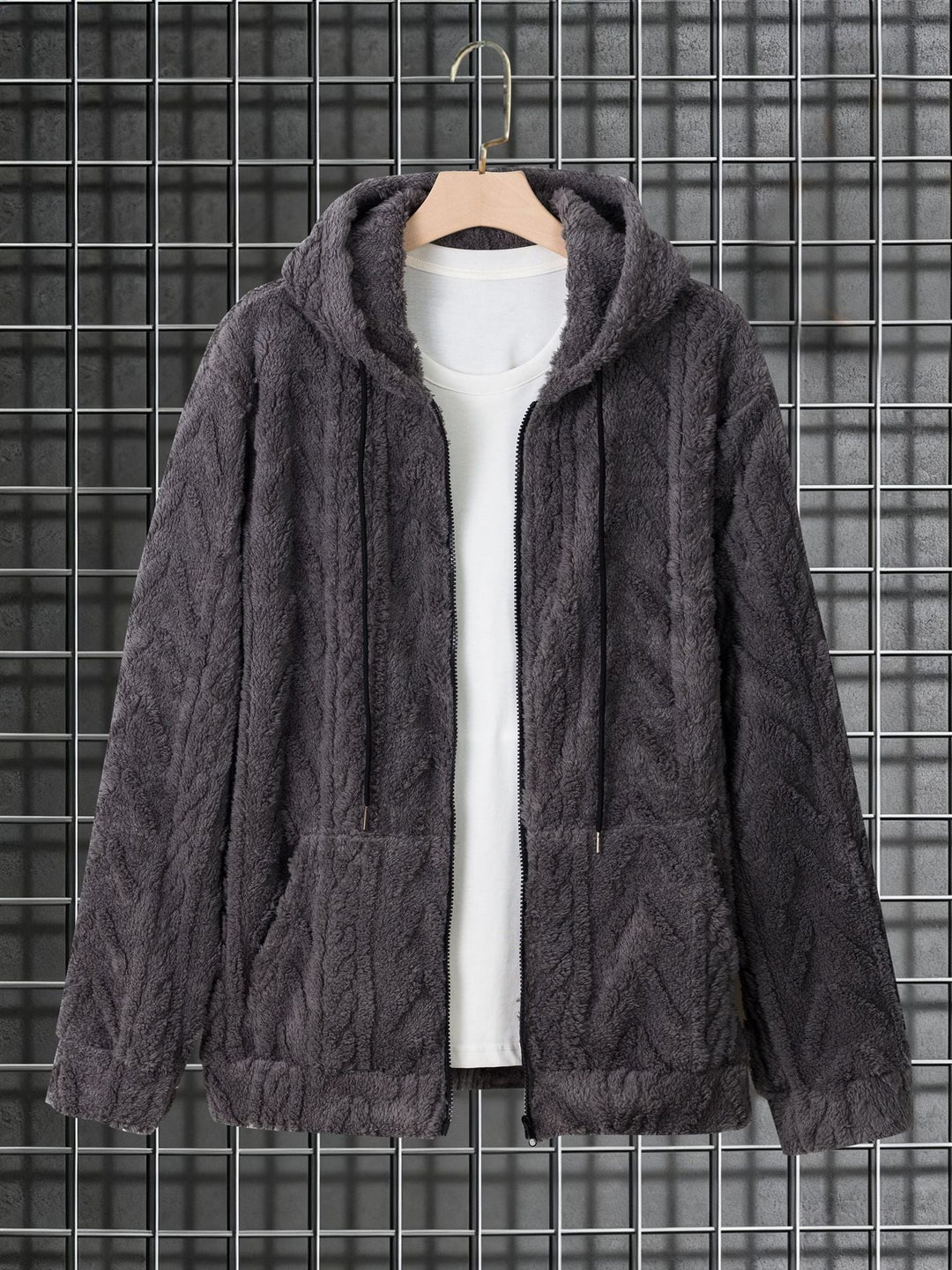 Herr Cuddly Luvtröja Jacka Gjord av Teddy Fleece med Hel Dragkedja och Kangaroo Fickor