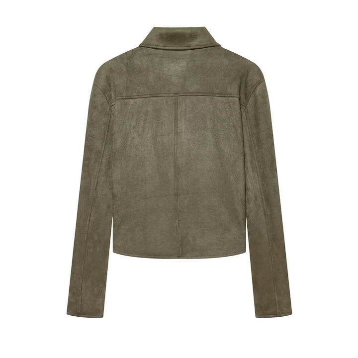 Dam Kort Skärning Suede Blazer med Skjort Krage och Patch Fickor