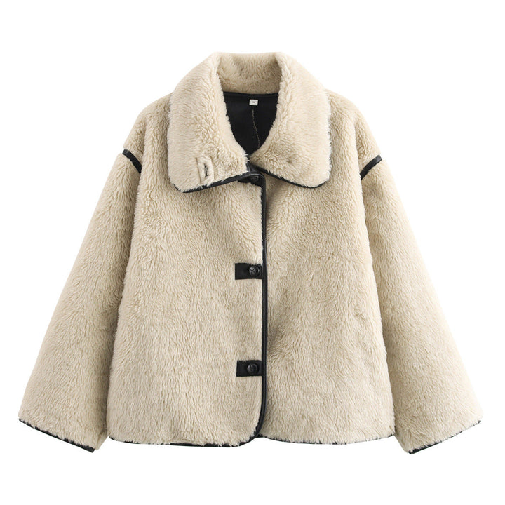 Dam kort oversized lambskin look jacka med bred sjalkrage och decorative piping finishes