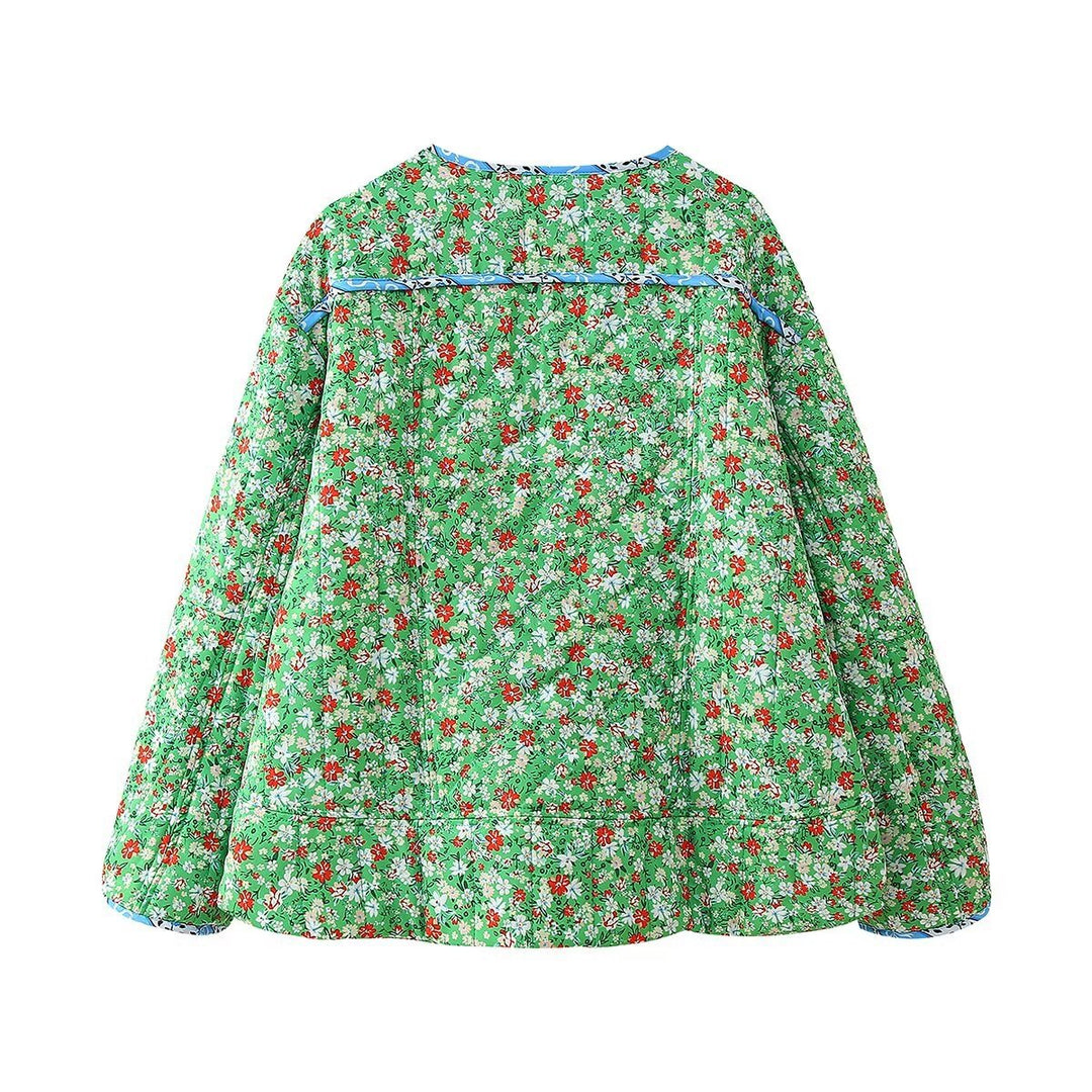 Dam quiltad floral jacka med rund hals, kontrast piping och påsydda fickor