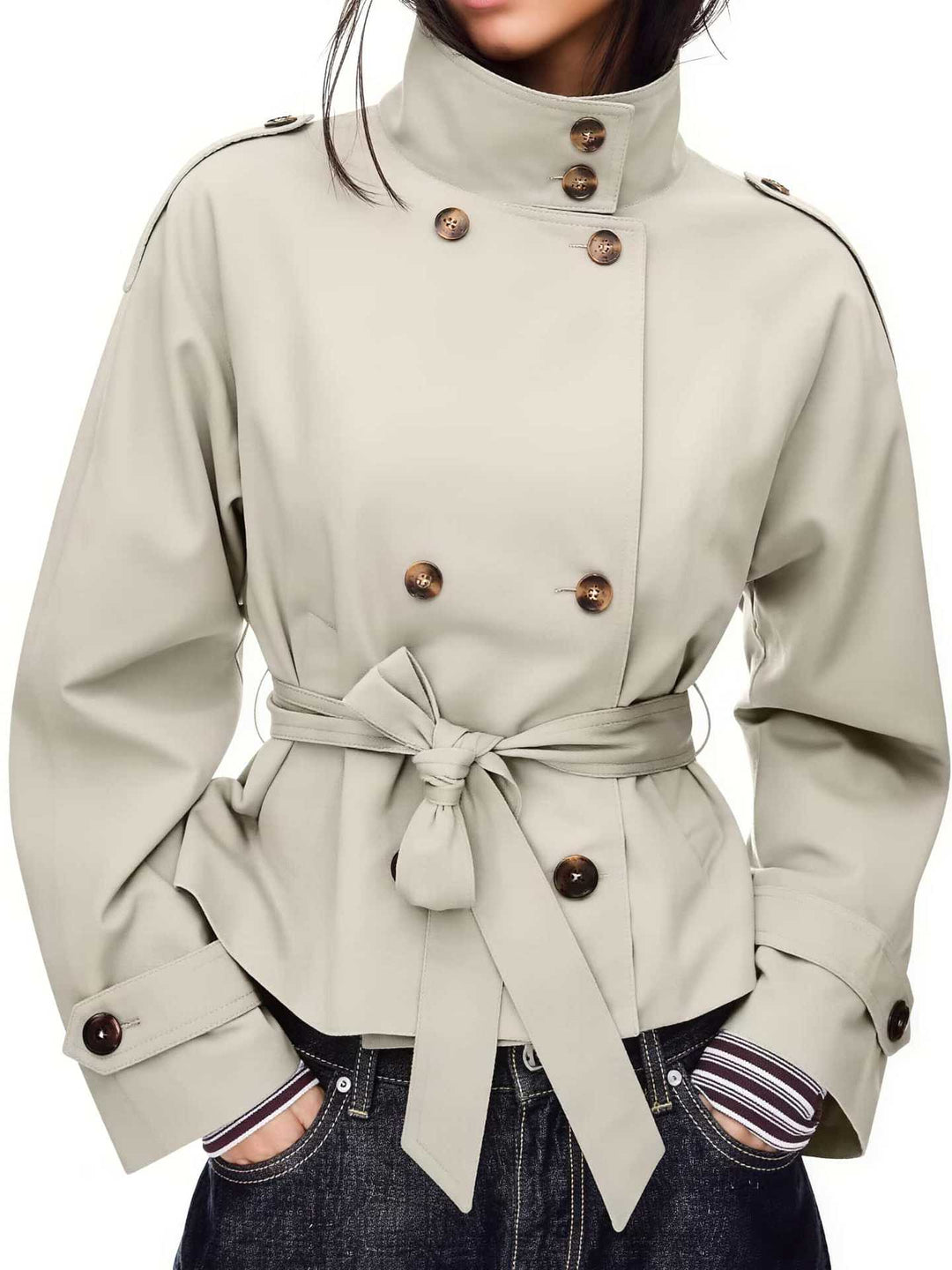 Dam Kort Trenchcoat med Dubbel-Breasted, Midjebälte och Ståkrage
