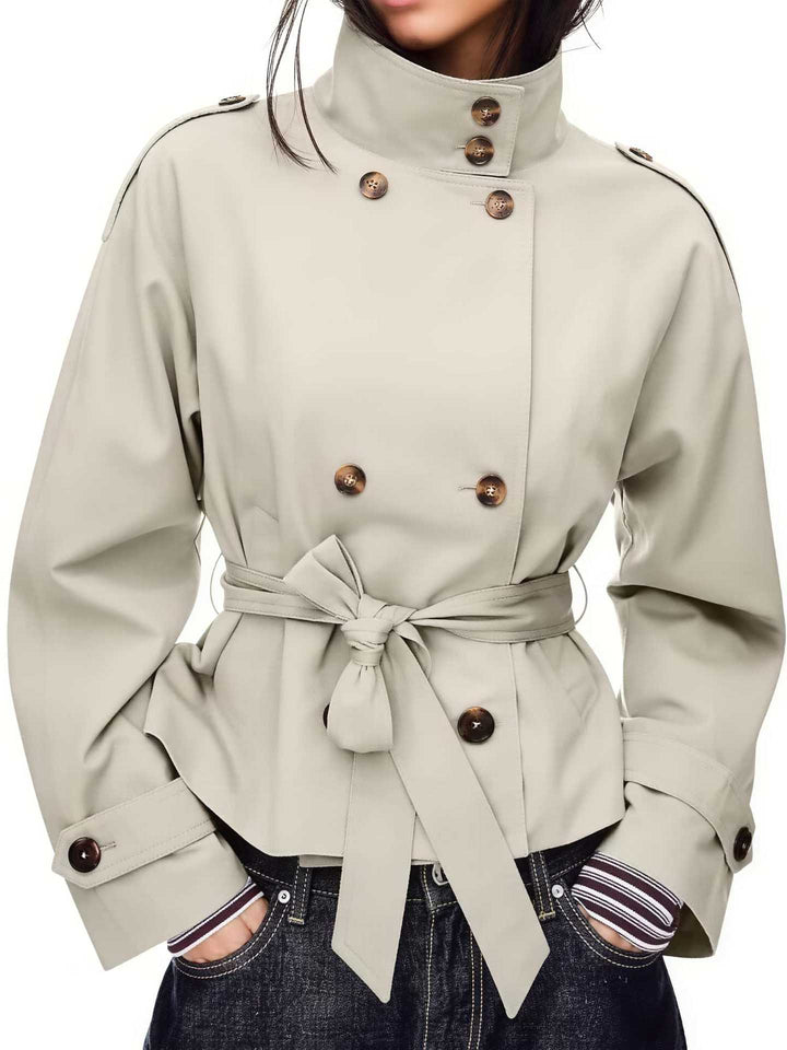 Dam Kort Trenchcoat med Dubbel-Breasted, Midjebälte och Ståkrage