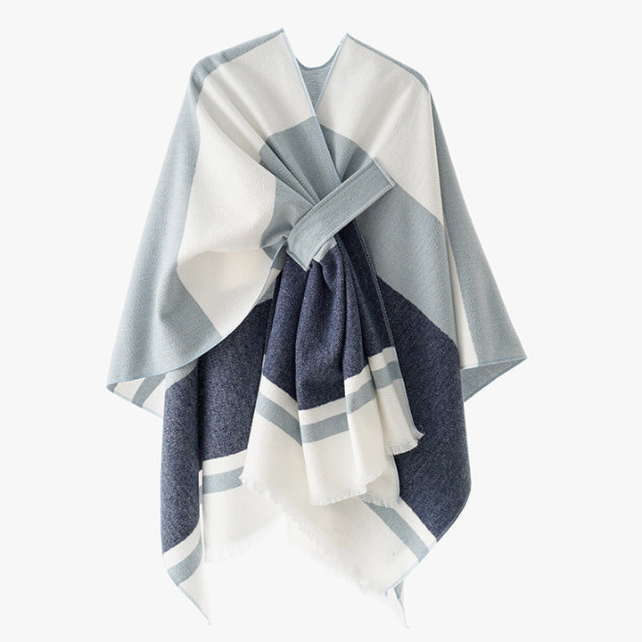Dam oversized capeponcho tillverkad av ullblandning med tie loop och randig border
