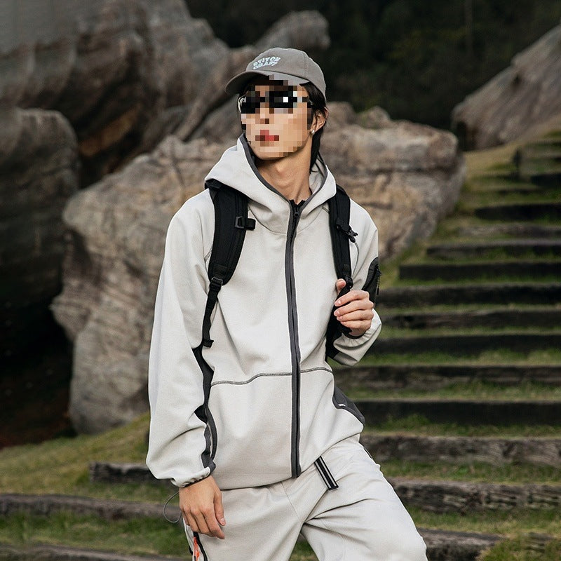 Herr Oversize Frilufts Fleece Jacka med Huva, Ärm Dragkedja Ficka &amp; Dragsko