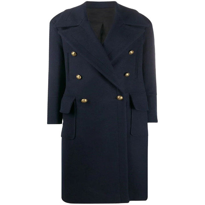 Dam marinblå-inspired double-breasted lång kappa gjord ullblandning med oversize lapels