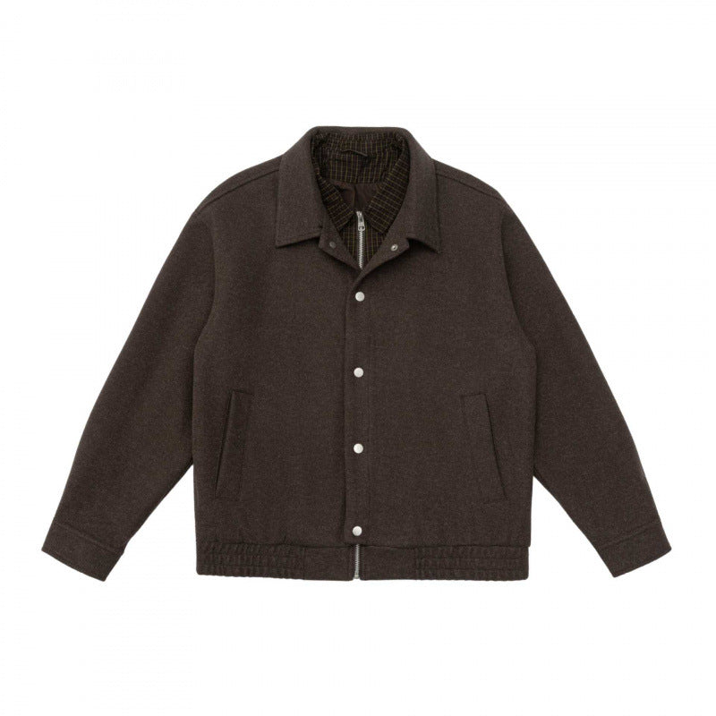 Herr short-cut ullblandning fältjacka med plaid innerfoder och tryckknapp knäppslå