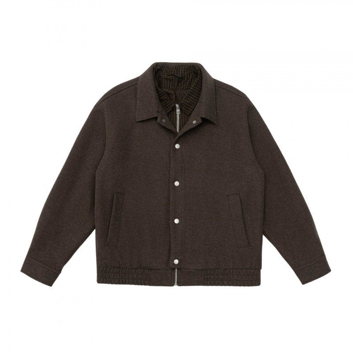 Herr short-cut ullblandning fältjacka med plaid innerfoder och tryckknapp knäppslå