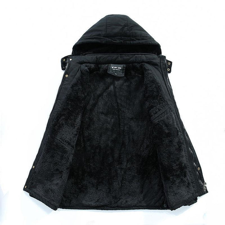 Herr staden parka med teddyfoder, huva, och vindtät inner knäppslå