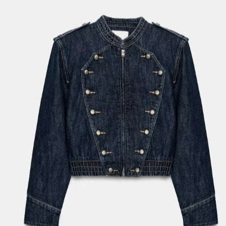Dam Kort Denimjacka med Mandarin Krage, Dekorativ Knapp Knäppning och Shoulder Patches