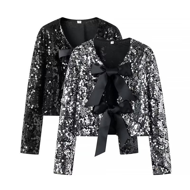 Dam kort jacka med Sequin Trim och dekorativ Bow fram
