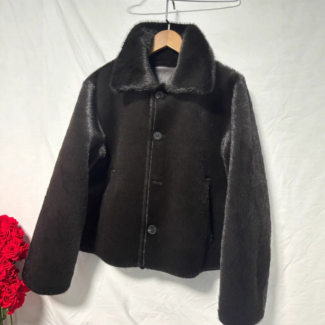 Dam Boxig Konstläder Jacka med Konstpäls Krage, Lambswool Imitation Foder och Knapp Stängning