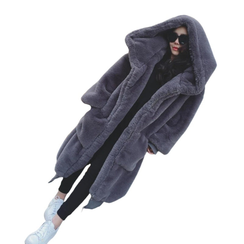 Dam oversize Fusk Päls Kappa med huva och Fickor