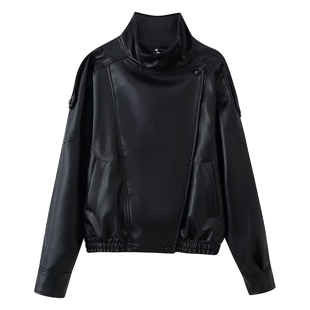 Dam Oversized Konstläder Jacka med Skjortkrage och Elastic Fåll