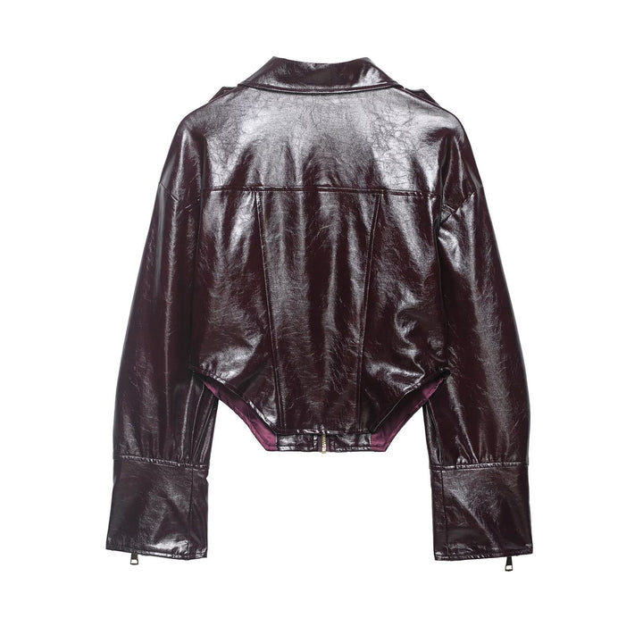 Dam Kort Shiny Bikerjacka i Läderlook med Emphasized Shoulder Area