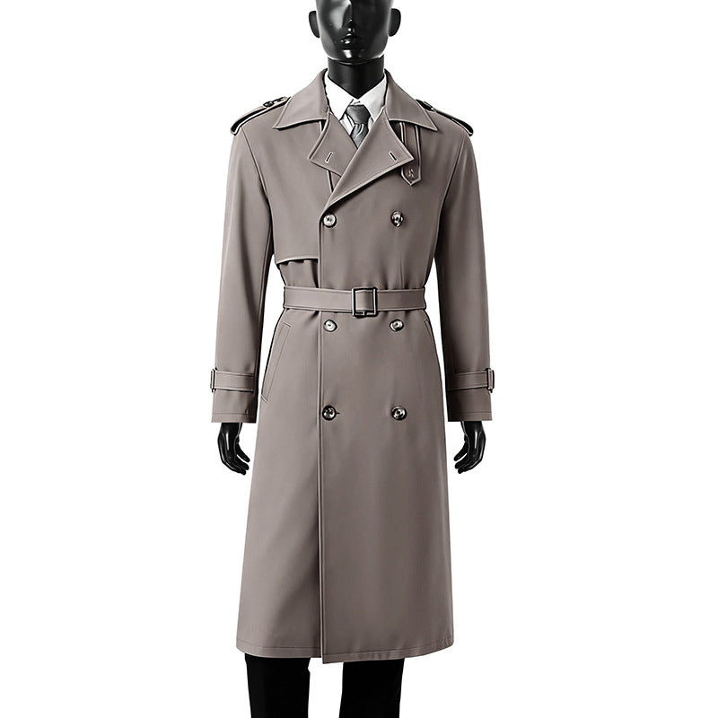 Herr Tidlös Maxi Lång Trench Kappa i Militär Stil med Storm Lock och Midja Bälte