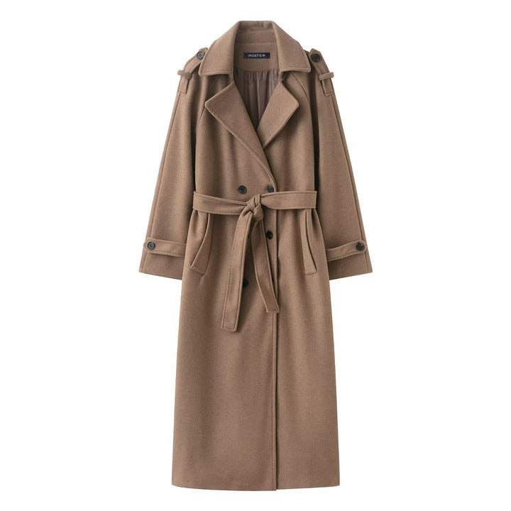 Dam Lång Dubbel-Breasted Trenchcoat med Bälte och Axel Straps