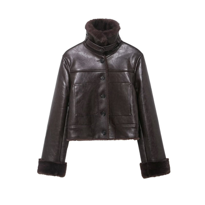 Dam Kort Sheepskin Jacka i Vintage Look med Hög Stå Krage och Patch Fickor