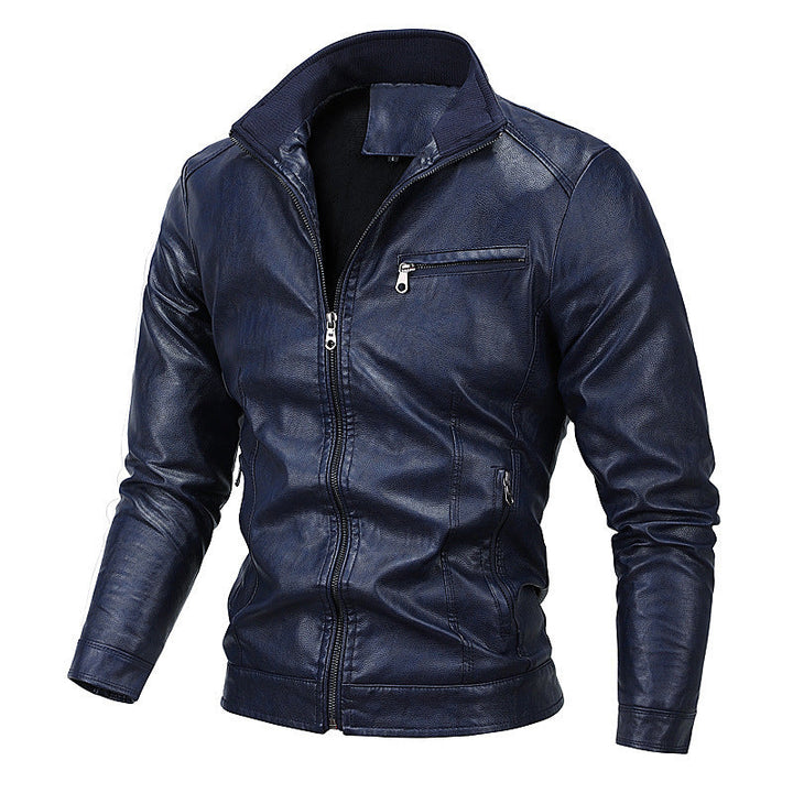 Herr Moto Blouson i Läder Look med en Figurnära Skärning, Stående Krage och Zip Fickor