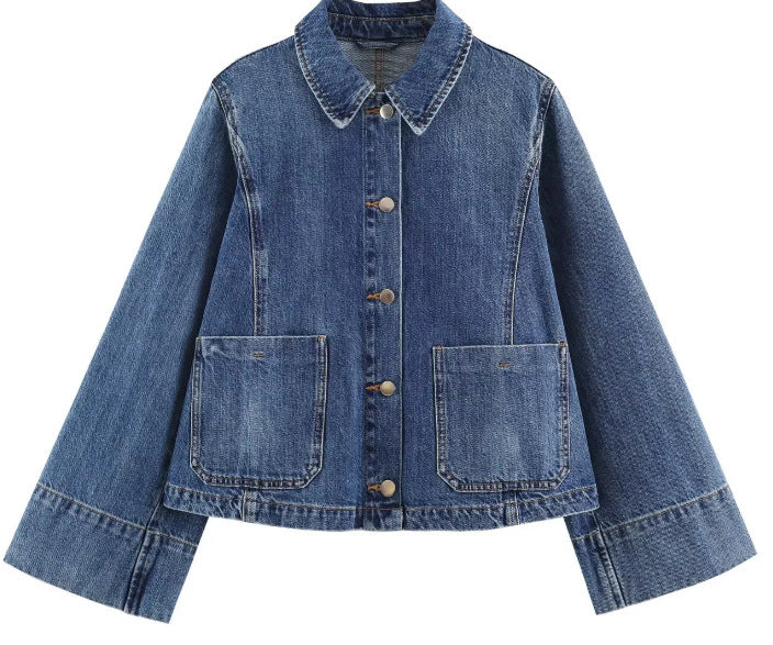 Dam Kort Boxig Jeans Jacka med Oversize Muddar och Patch Fickor
