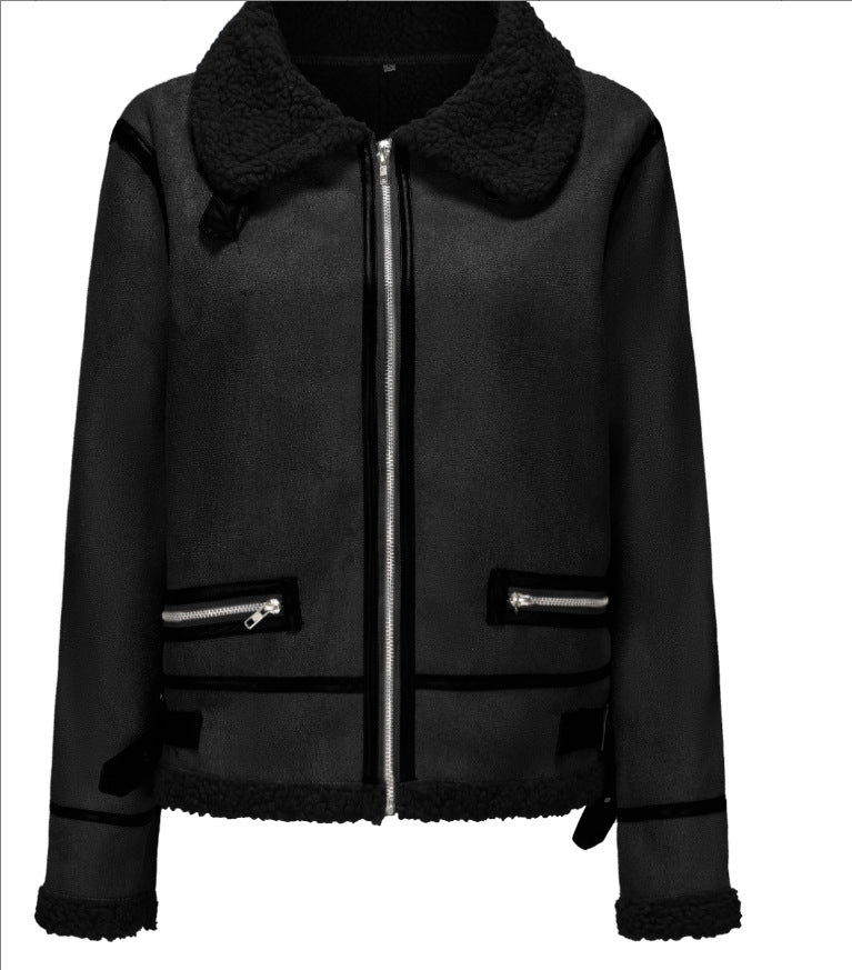 Dam kort skärning Aviator Sheepskin Imitation jacka med teddyfoder och konstläder Trim