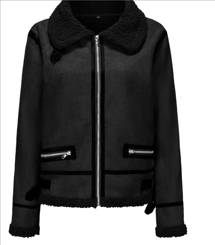 Dam kort skärning Aviator Sheepskin Imitation jacka med teddyfoder och konstläder Trim