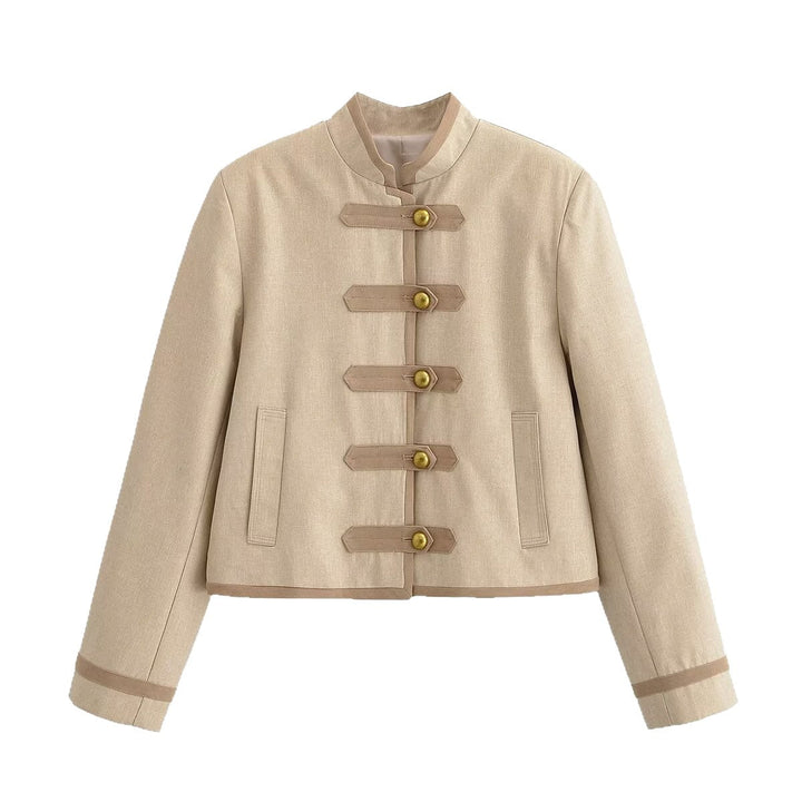 Dam Kort Militär-Inspired Jacka med Ståkrage och Decorative Toggle Stängning