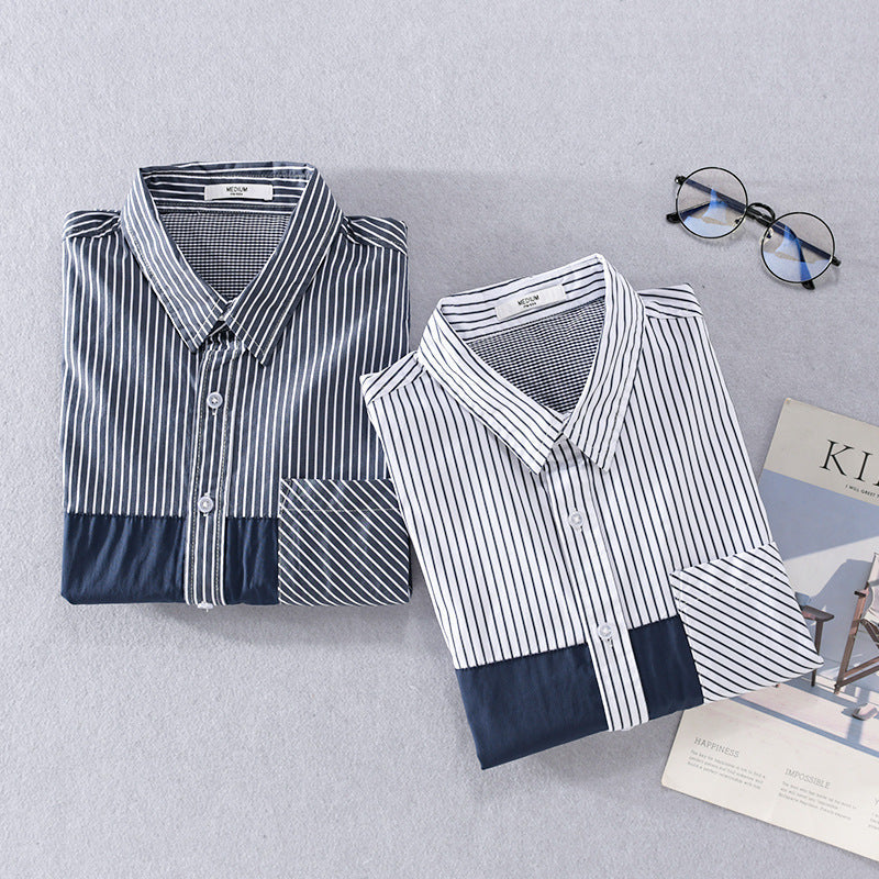 Herr Randig Overshirt med Färg Block Inlägg och Utanpå Bröstficka