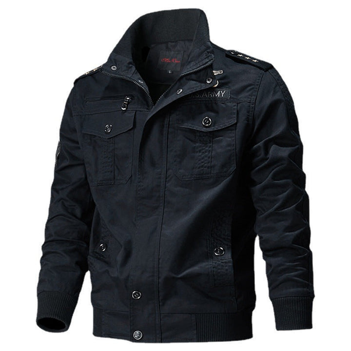 Herr Canvas Pilot Jacka med Axel Piping, Dragkedja Knapplist och Utility Lock Fickor
