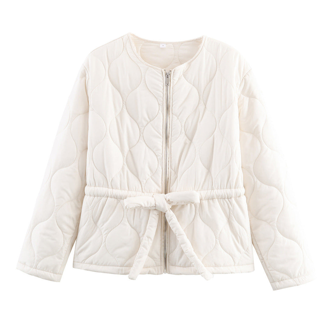 Dam non-quiltad kort jacka med round neckline, full-length dragkedja och midjebälte