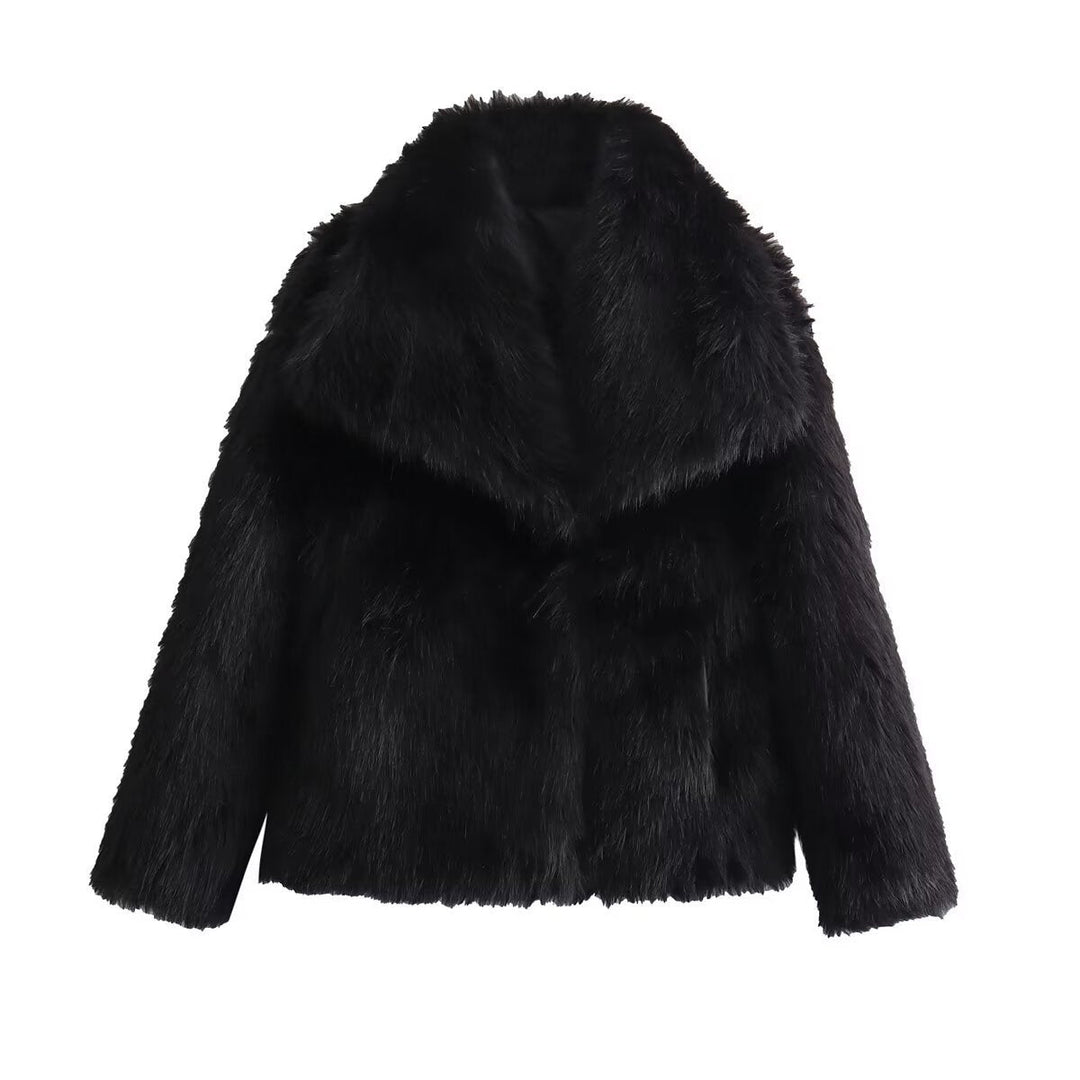 Dam kort Boxy Faux Fur jacka med vid Shawl krage och lång Fiber Faux Fur