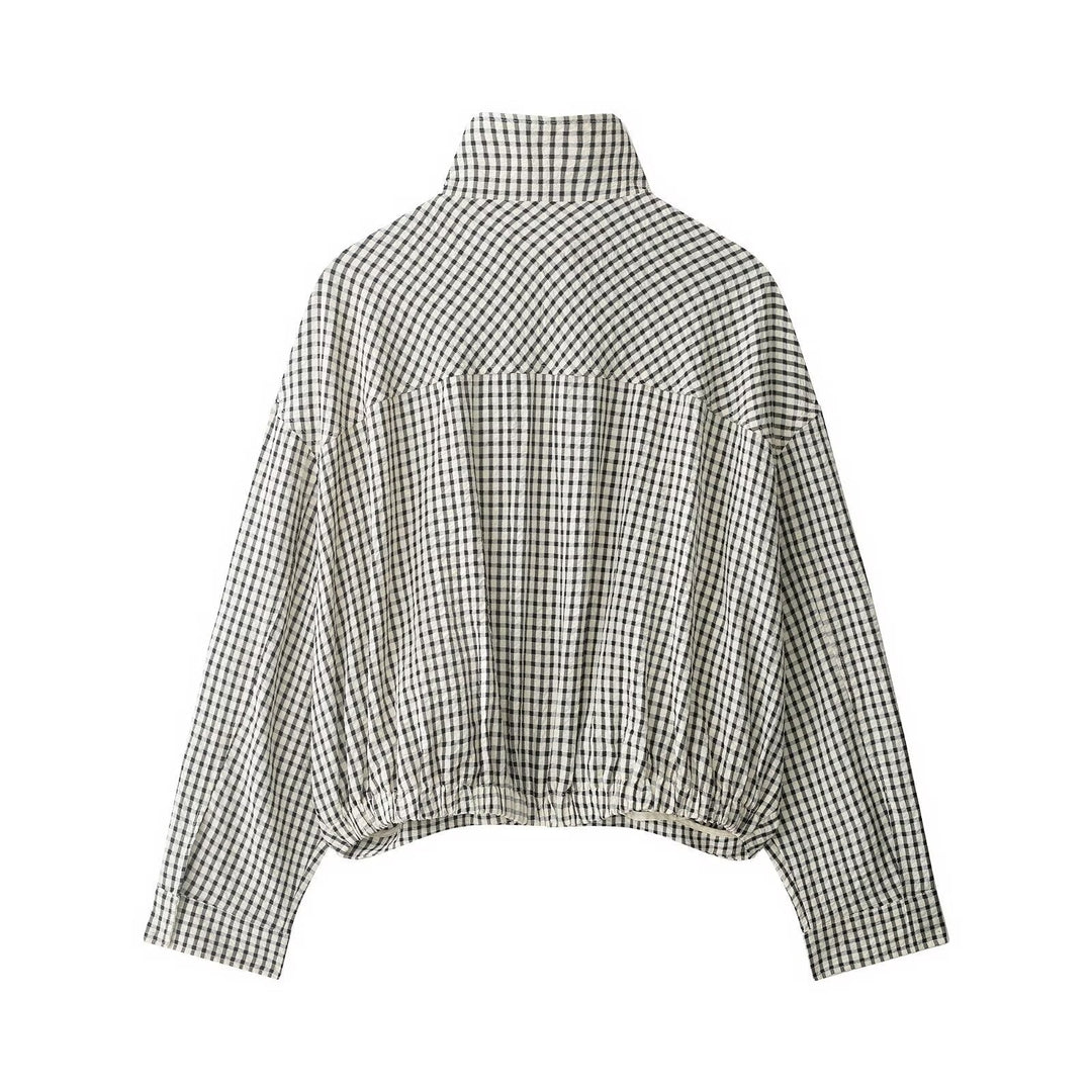 Dam Checked kort Boxy Blouson med Stand krage och sidofickor