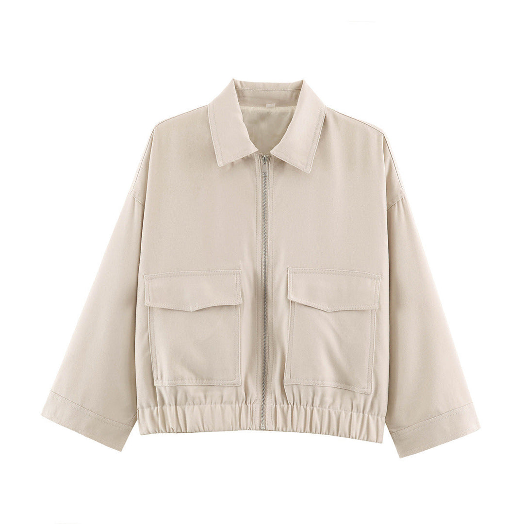Dam Boxig Kort Blouson med Patch Fickor och Elastic Nederkant